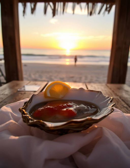 Imageine AI app: A warm, golden-brown oyster on a half shell, nestled on a bed of fine linens, garnished with a slice of lemon and a dollop of tangy cocktail sauce, sitting on a rustic wooden table overlooking a serene beach at sunset., 