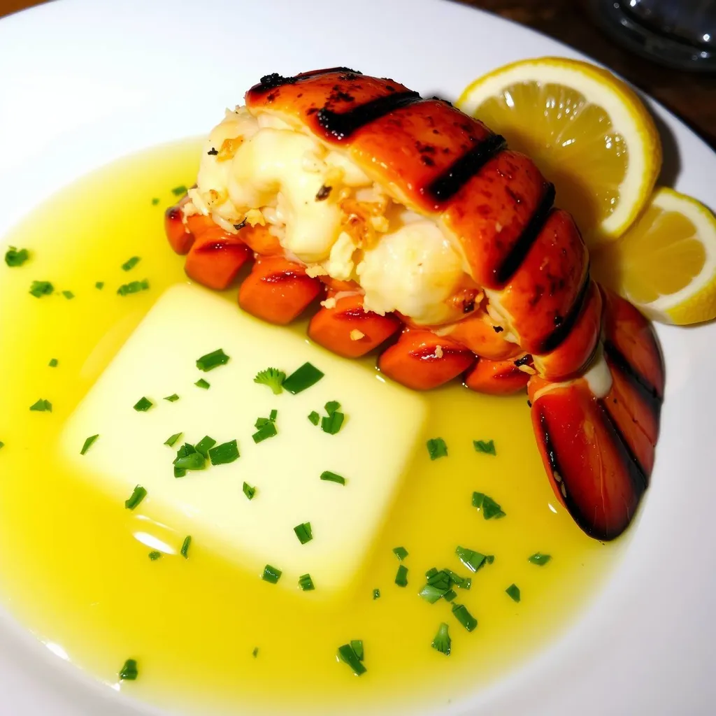 A richly lit photo of a grilled lobster tail, with a golden-brown crispy exterior and tender, pink flesh, sitting atop a white plate, amidst a pool of warm, melted butter that's been sprinkled with chopped, fresh parsley, and a hint of citrus wedge on the side., 