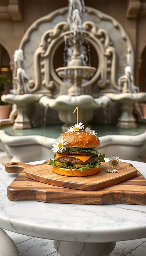 Imageine AI app: A high-end cheeseburger atop a fake vintage wooden cutting board, garnished with a gerber daisies, sitting on a large marble pedestal at a white marble table with next to a remissive replica Antoni Gaudí style fountains