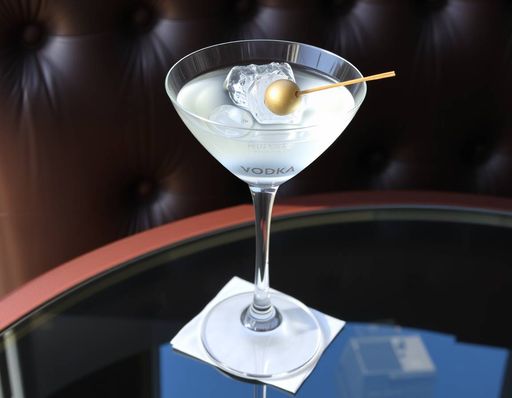 Imageine AI app: A sleek, modern glass filled with a chilled Vodka Martini, garnished with an edible silver olive, ice clinking elegantly in a white tuxedo-linen napkin, set against a dark, rich leather background with a cityscape reflection on the adjacent reflective surface.