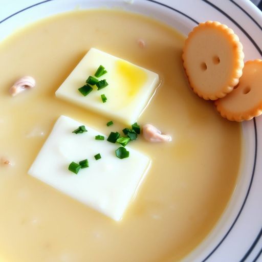 Imageine AI app: A steaming plate of classic New England clam chowder, garnished with a dollop of creamy melted butter, a sprinkle of chopped fresh parsley, and a side of crusty, warm oyster crackers.