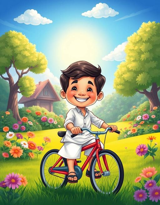 Imageine AI app: A cartoon depicting Rahul Gandhi in a childhood attire, sat on a bicycle, wearing a big smile, riding on a lush green grass in a imaginative garden scene with vibrant flowers and trees, under a clear blue sky with a few fluffy white clouds parted to reveal a brilliant sunshine.