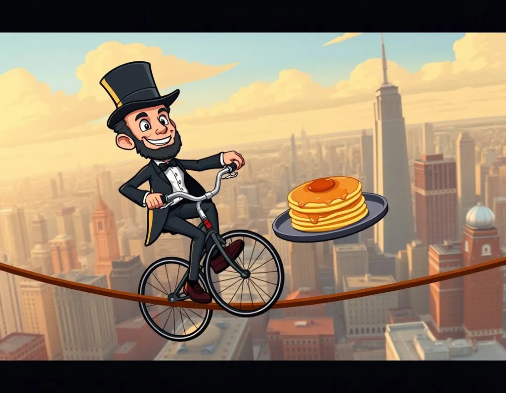 I'll generate an image of Abraham Lincoln as a cartoon character, with a top hat and a big smile, riding a unicycle on a tightrope over a bustling city while balancing a frying pan of  Honest Abe's Famous Pancakes