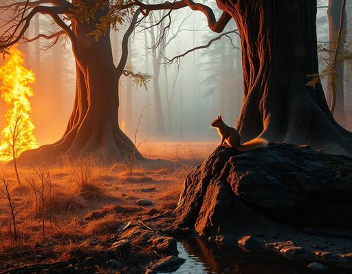 Imageine AI app: Generate an image of a misty, daytime forest landscape with a massive wildfire spreading across the dry underbrush, with towering flames licking at the trunks of ancient, gnarled trees, and a small squirrel perched on the edge of a charred boulder, looking up in distress as flames approach, reflective of twinkling water droplets on the leaves and nearby water puddle creating a shimmering effect in the sunlight.