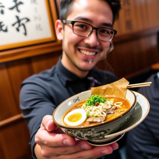 Imageine AI app: A smiling sommelier holding a delicate ceramic plate containing a steaming bowl of freshly made Tonkotsu Ramen, with rich pork broth, springy noodles, soft-boiled egg, green onions, and a sprinkle of pickled ginger, set against the traditional wooden background of a Japanese izakaya.