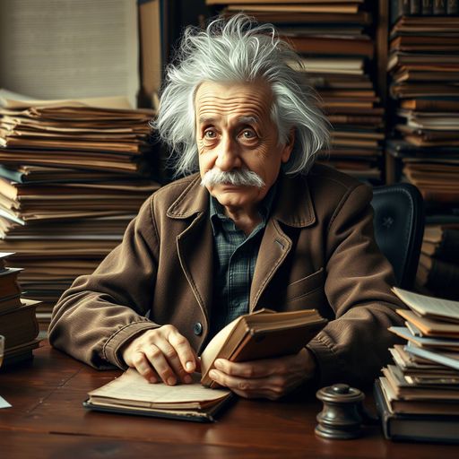 Imageine AI app: A portrait of Albert Einstein sitting at a wooden desk, surrounded by stacks of dusty old books and papers, with a pair of half-mile-long wild hair strands sticking out from beneath his famous rumpled brown jacket, his eyes shiny with a hint of amusement and his hands holding a worn leather-bound notebook.,hyperrealistic,