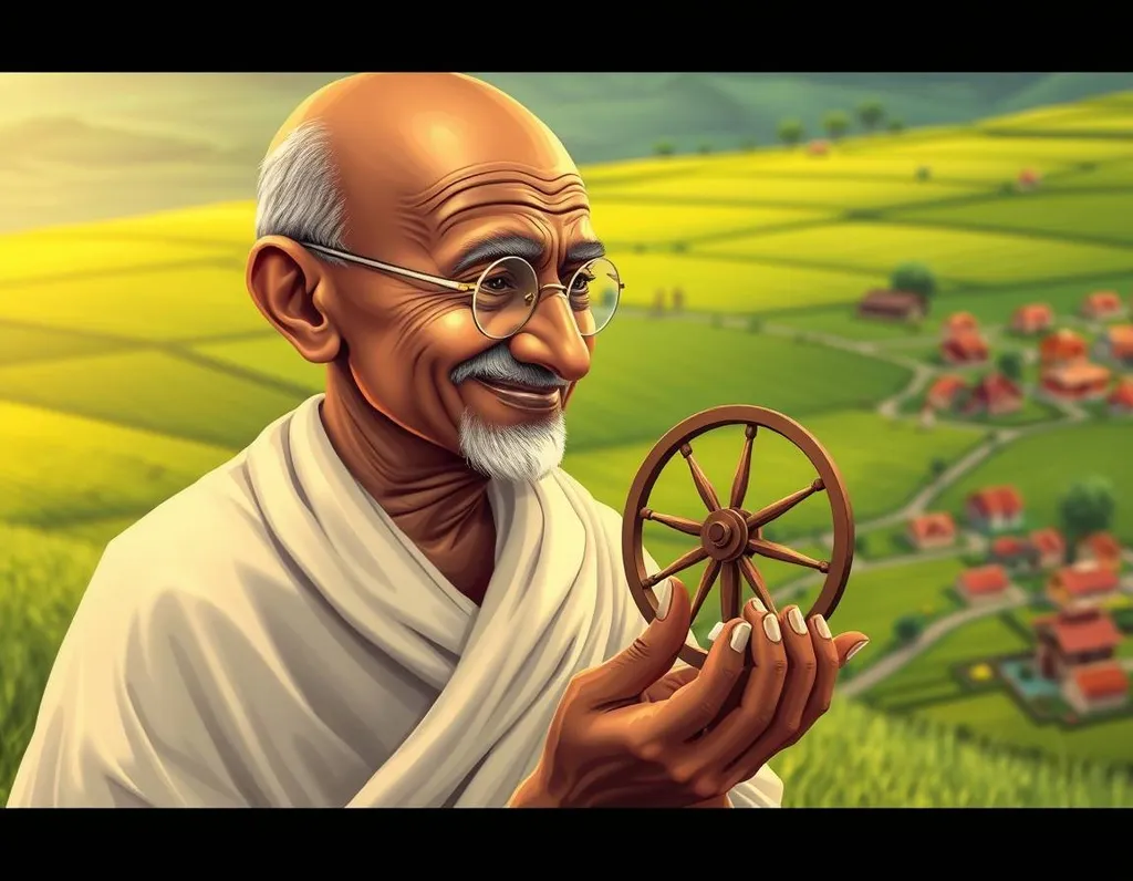 Render an illustration of Mahatma Gandhi with a warm smile and a spinning wheel of salt in one hand, surrounded by lush green fields and tiny Indian villages in the background, symbolizing his commitment to crafts and self-sufficiency.,hyperrealistic,