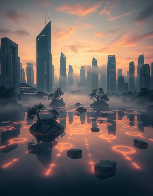 Imageine AI app: A futuristic cityscape at dusk, with skyscrapers reflecting eerie, glowing patterns in a lake, surrounded by floating islands with steeply angled trees and misty fog.,hyperrealistic,