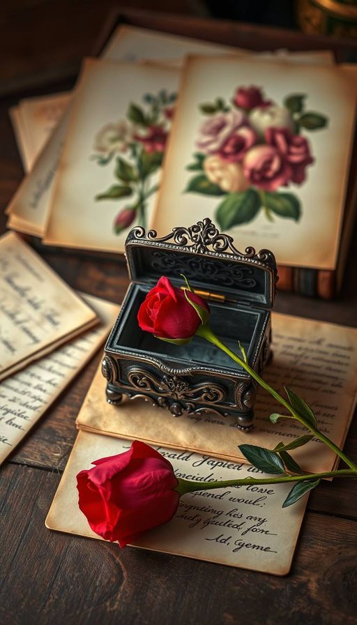 Imageine AI app: A small, ornate antique music box with a delicate, filigree-patterned lid, sitting on a worn, wooden table surrounded by old, yellowed letters, a faded, 19th-century print of a vintage flower arrangement, and a single, long-stemmed red rose, its petals softly unfolding across the surface of the box.,hyperrealistic,