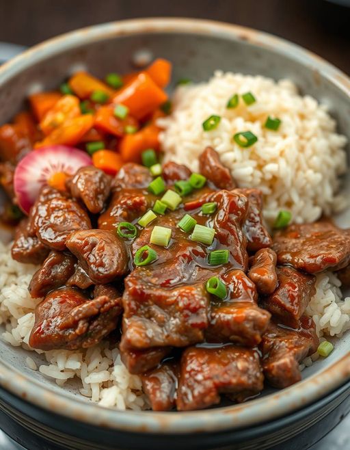 Imageine AI app: A steamed plate of marinated bulgogi beef, served with a side of steamed rice, kimchi, and pickled radishes, garnished with green onions and sesame seeds.,hyperrealistic,