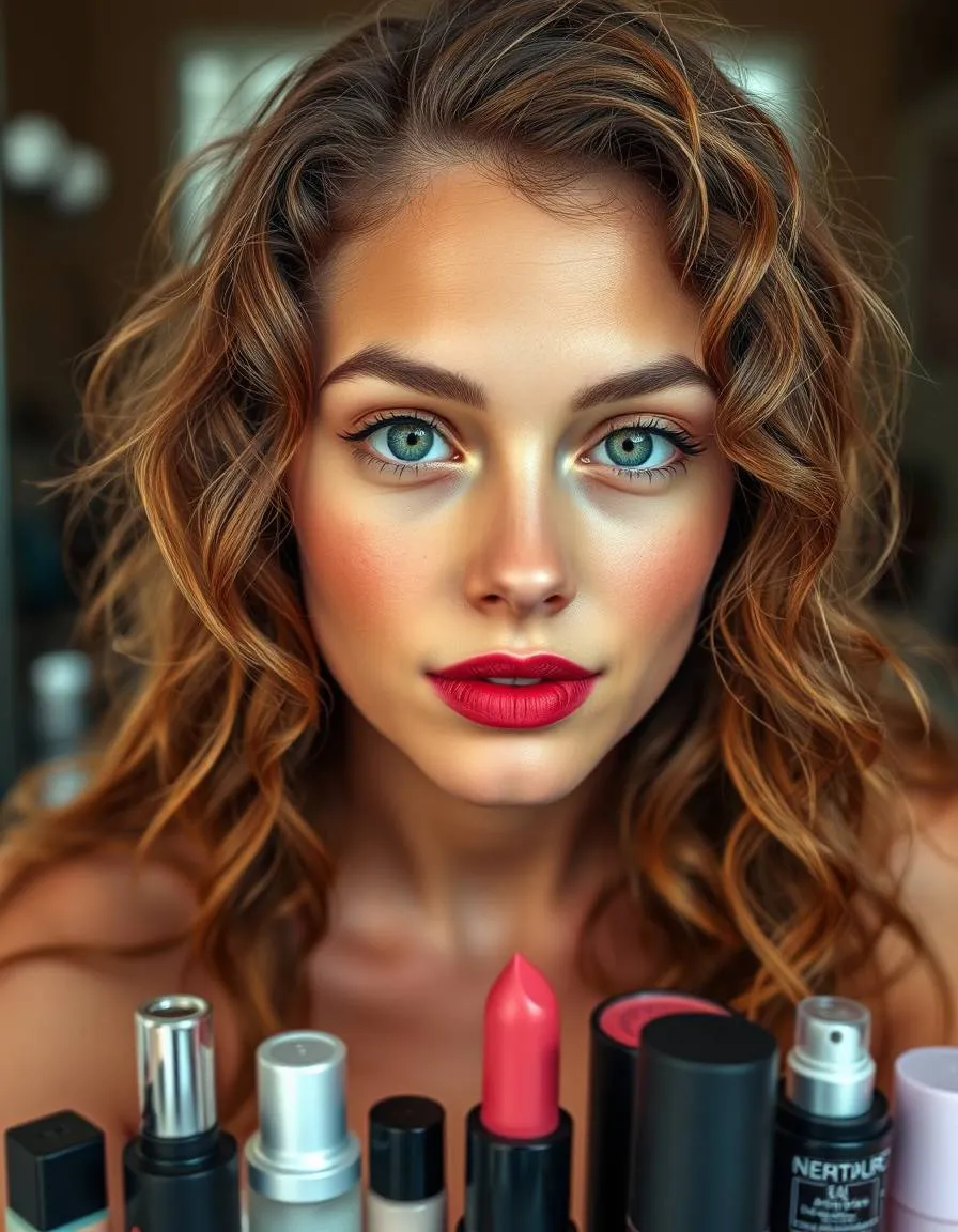 A vibrant, 19-year-old woman with long, curly brown hair and bright, expressive green eyes sits in front of a vanity, surrounded by a variety of makeup products. Her skin has a subtle, golden glow from a warm-toned self-tanning lotion, and a light dusting of freckles across the bridge of her nose. Her full lips are painted a deep berry red, with a subtle gloss that catches the light.,hyperrealistic,