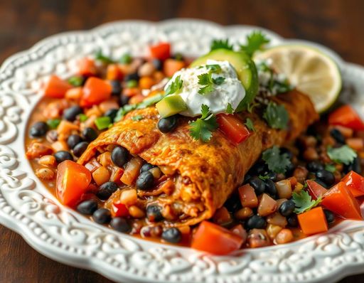 Imageine AI app: A vibrant, colorful Mexican dish of mashed black beans, diced tomatoes, avocado, cilantro, and sour cream served in a large, ornate white plate, arranged artfully to resemble a small, rustic ceramic enchilada, with a sprinkle of queso fresco and a slice of lime on the side.,hyperrealistic,