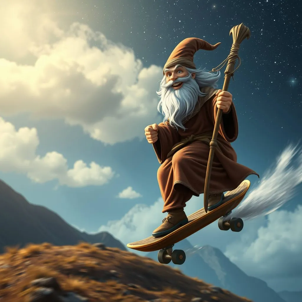 A smiling Gandalf riding a floating skateboard on a windy mountain slope, surrounded by wispy clouds and sparkling stars, with a staff in one hand and a warm smile on his face.,hyperrealistic,