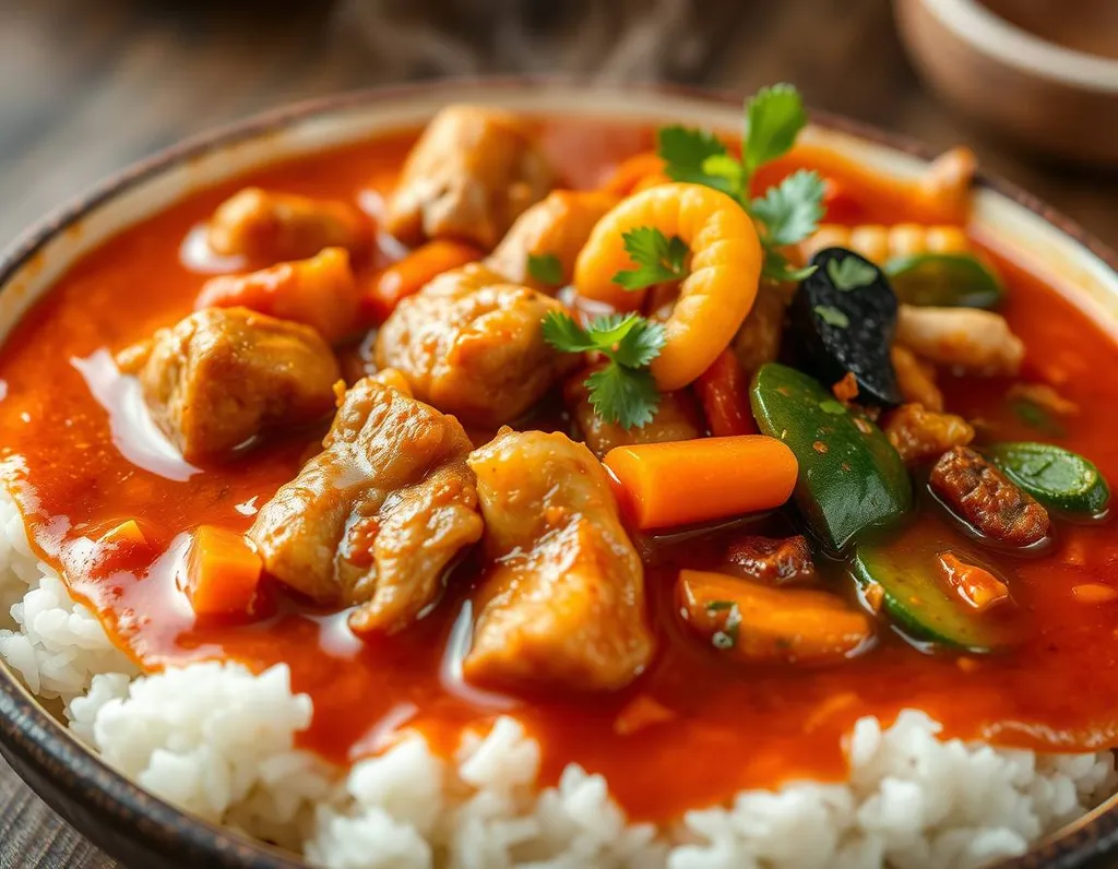 A steaming bowl of Kimchi Jjigae, a traditional Korean spicy stew made with tender chunks of pork, gooey seafood, and a medley of sautéed vegetables including zucchini, carrots, and bell peppers, all swirled in a rich, savory, and slightly sweet gochujang sauce, served over a bed of steaming hot white rice.,hyperrealistic,