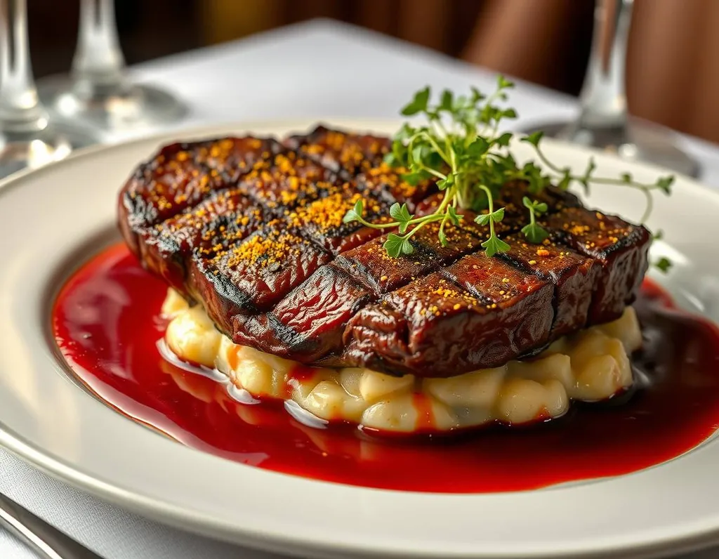 A juicy, 24K gold-dusted, grilled strip loin steak sits atop a bed of garlic and truffle mashed potatoes, surrounded by a rich, red wine reduction sauce, all set against a backdrop of fine, white tablecloth, silver crystal, and a sprinkling of fresh microgreens.,hyperrealistic,