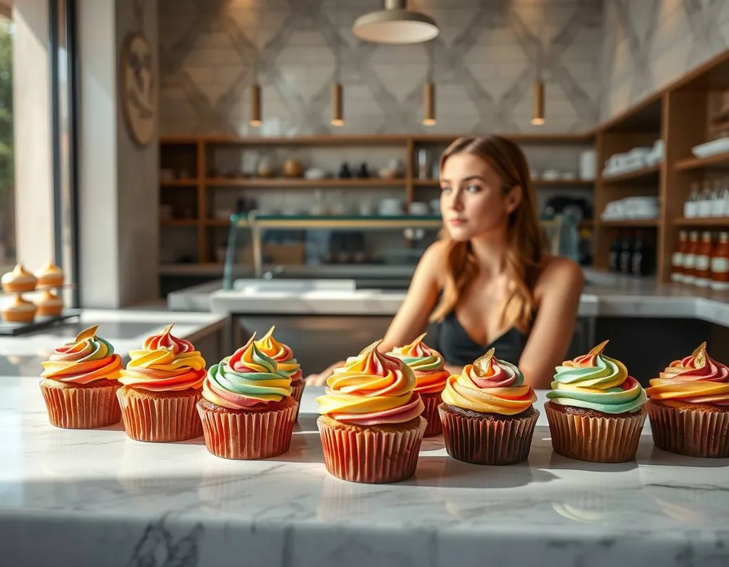 A woman seated at a marble-covered counter, with a dozen cupcakes in front of her, each one topped with a swirl of vibrant, multi-colored frosting and edible gold leaf decorations, on a sunny afternoon in a sleek, high-end bakery.,hyperrealistic,