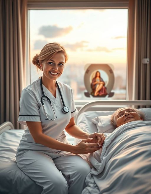 Imageine AI app: A warm and compassionate nurse in a crisp, white uniform, sitting gently beside a hospital bed, holding the hands of a smiling patient, with a copy of Madonna della saliva