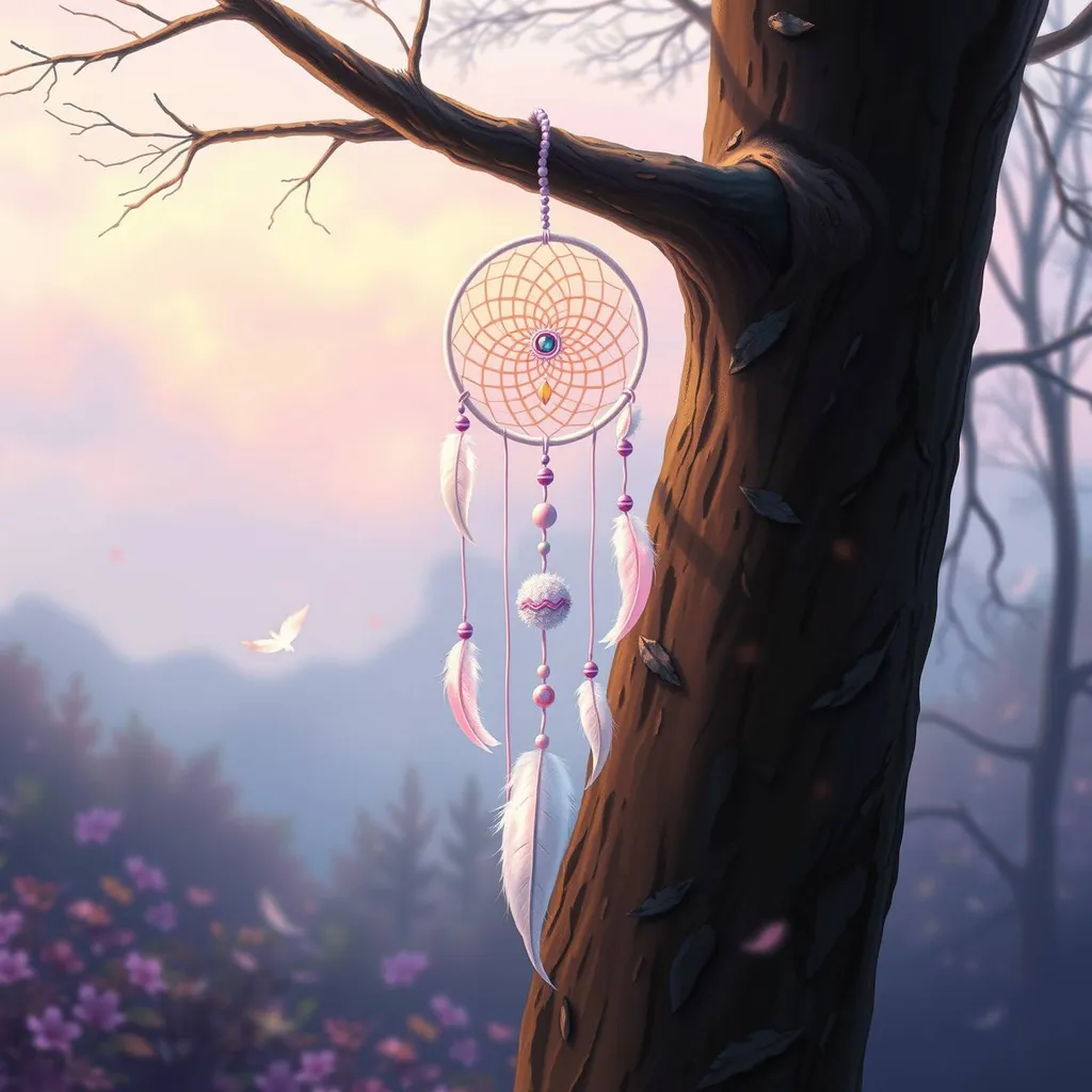 Create a large, 4:3 aspect ratio digital painting of a whimsical pastel-colored dreamcatcher hanging from a tree branch, surrounded by a halo of soft, glowing strings, with pastel-colored feathers and beads scattered around it, set against a gradient sky with shades of light peach and lavender, in a serene and idyllic forest environment., --tile,sharp focus, high detail, 8k resolution. Negative: blurry, grainy, deformed, low contrast.