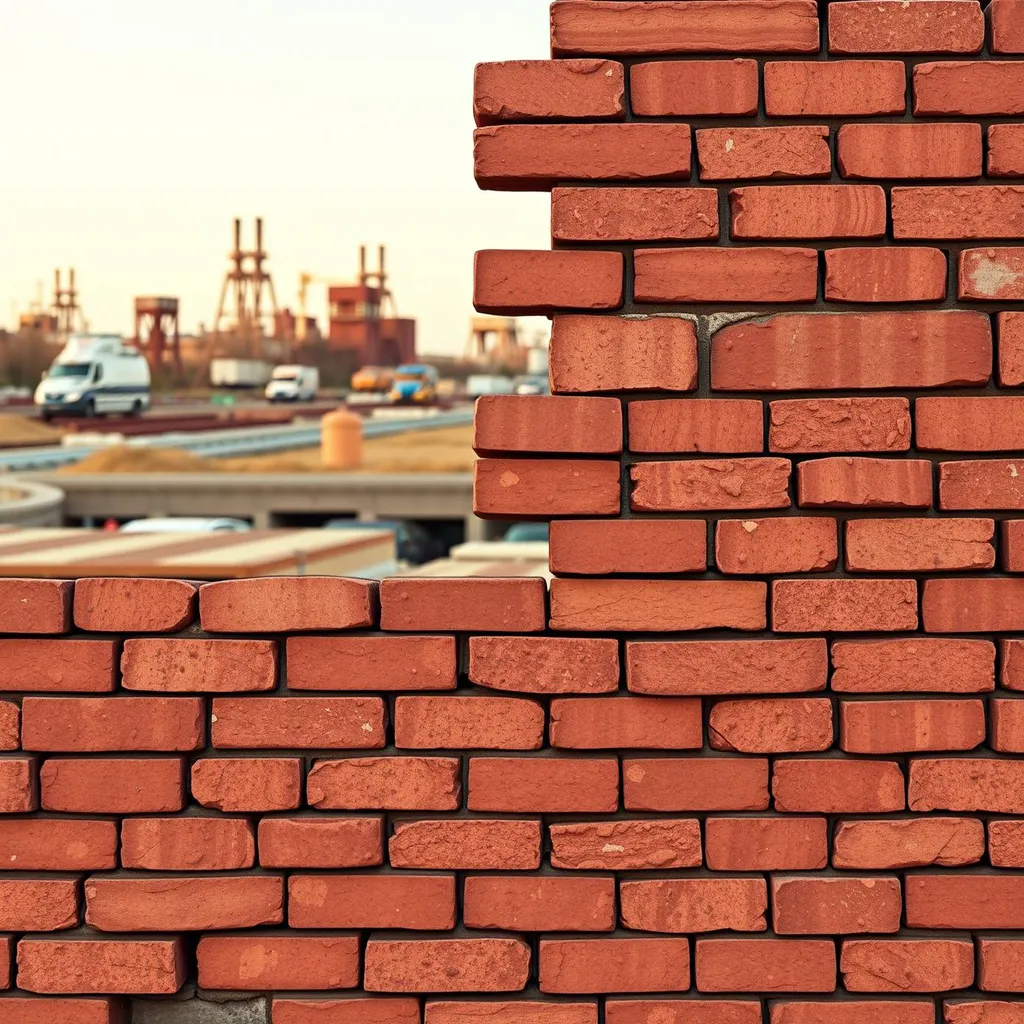 Create a repeating pattern of interlocking bricks in a scenic, post-industrial landscape, using a combination of warm and cool colors, with distinctive random shapes and textures to evoke a sense of history and nostalgia., --tile,sharp focus, high detail, 8k resolution. Negative: blurry, grainy, deformed, low contrast.