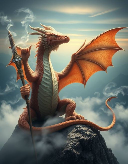 Imageine AI app: A humanoid dragon sitting on a mountain peak, with a wispy mist surrounding its scales and its wings spread wide, gazing out towards the horizon with a contemplative expression, its claws grasping a staff adorned with small, shimmering gemstones.,hyperrealistic,