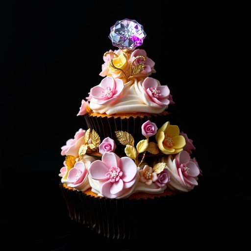 Imageine AI app: A decadent, multi-tiered cupcake tower adorned with delicate, hand-piped floral designs in shades of pink, lavender, and yellow, surrounded by edible gold leaf and topped with a sparkling, crystal-encrusted candy gemstone, placed on a rich, velvety black background.