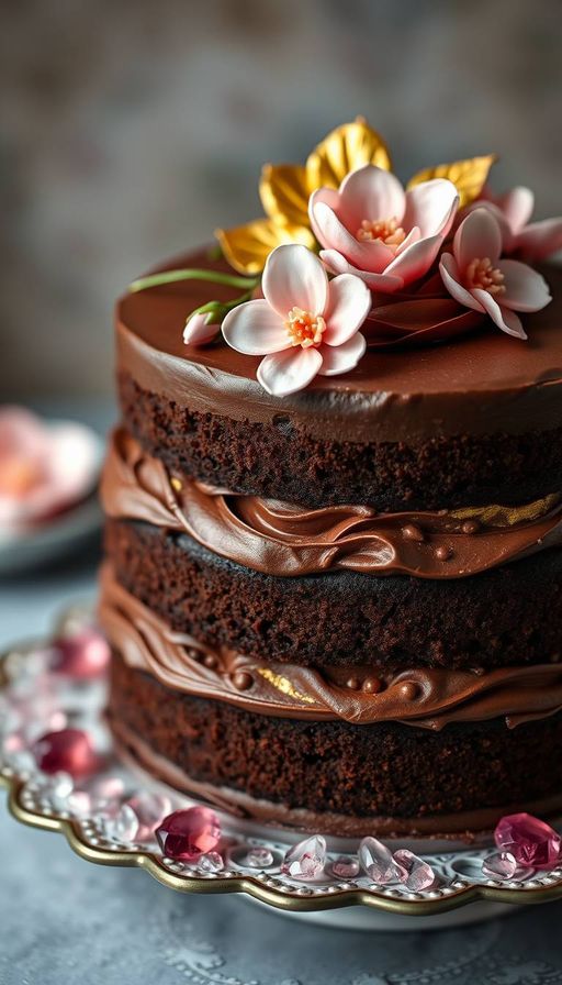 Imageine AI app: A decadent, multi-tiered chocolate cake with rich, velvety dark chocolate frosting, adorned with edible gold leaf and delicate, hand-painted sugar flowers in soft pastel hues, sitting atop a delicate, gemstone-encrusted serving plate.