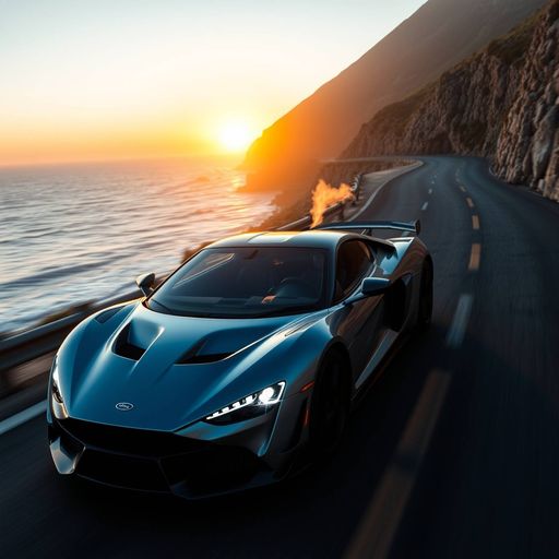 Imageine AI app: A modern, sleek, and powerful sports car is cruising down a winding coastal road at sunset, with the ocean waves gently lapping at the shore in the background, and a hint of fog curling off the windshield.