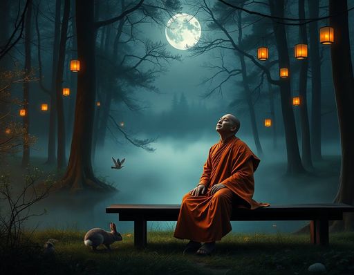 Imageine AI app: A serene, moonlit forest scene with a tranquil pond in the distance, surrounded by tall trees with glowing lanterns in their branches, and a misty fog hovering above, evoking a sense of calm and peacefulness, with a Buddhist monk sitting cross-legged on a wooden bench, eyes closed, with one hand resting on the knee, gazing upwards, his face serene and peaceful, bunnies and birds visible in the surrounding undergrowth.