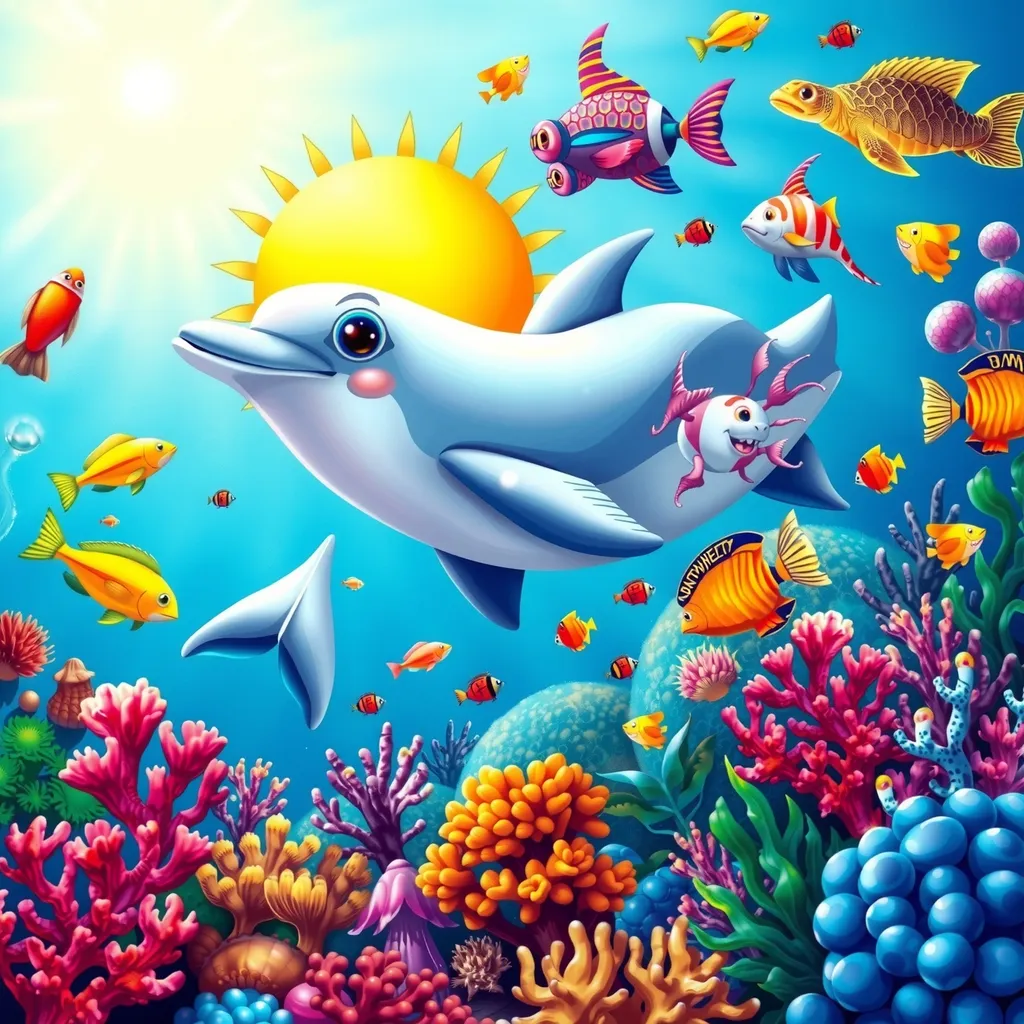 A colorful illustration of a friendly dolphin surrounded by diverse marine life, including a sea turtle, colorful fish, and coral, under a bright sunny sun., high detail