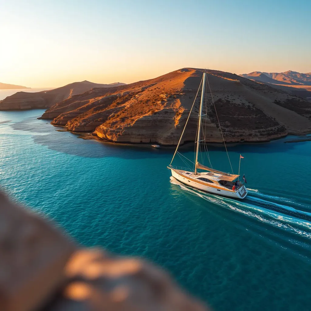 Image: A slow-motion aerial view of a sailboat navigating through crystal-clear turquoise waters, surrounded by the golden sandy shores of a Greek island of Santorini at sunset.