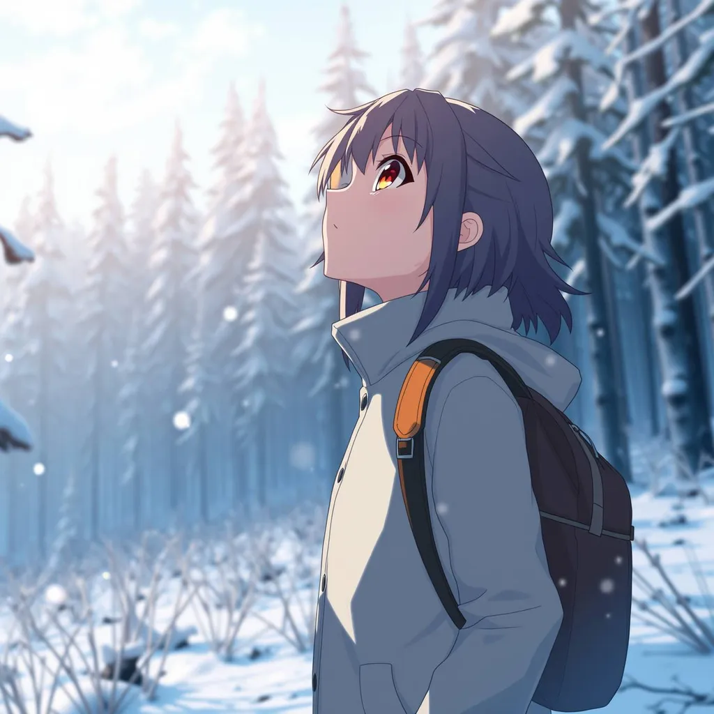 A female anime protagonist standing in a vast, snowy forest, wearing a white coat and carrying a backpack, looking up at the sky with a mix of determination and wonder on her face.