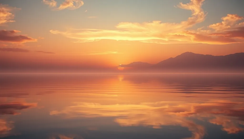 Generate an image of a serene sunset with a subtle glow on the horizon, set against a backdrop of soft, billowy clouds in shades of salmon and coral, with a few wispy strands of fog slowly lifting off the surface of a tranquil lake in the foreground.