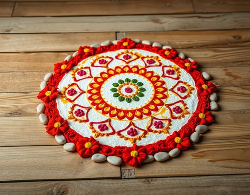 Imageine AI app: A colorful, intricately designed rangoli using turmeric and red sand, centered on a white background, with geometric patterns and floral motifs, surrounded by a border of smooth pebbles and placed on a weathered wooden floor.