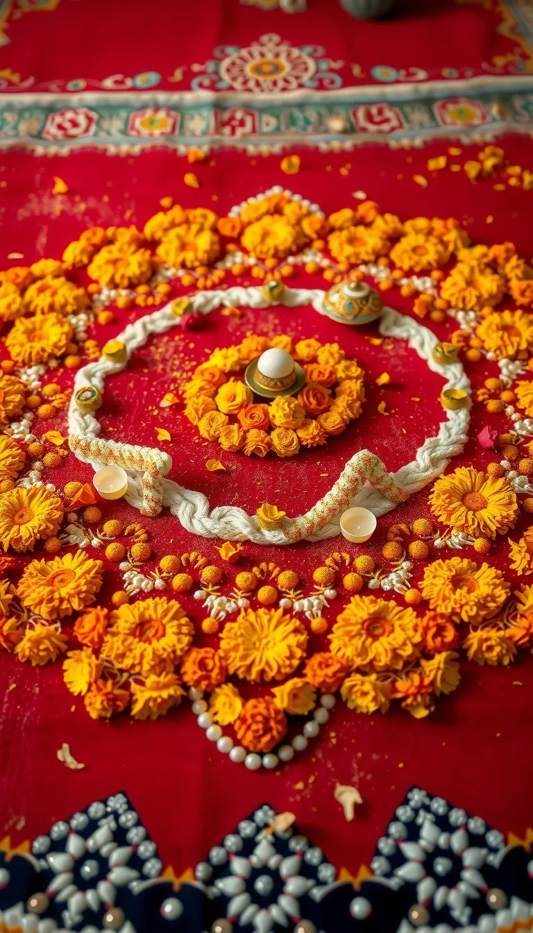 A traditional Indian art form, a vibrant and colorful rangoli design made from marigold flowers, glass beads, and colored powder, intricately arranged in a symmetrical pattern on a vast Indian red carpet.