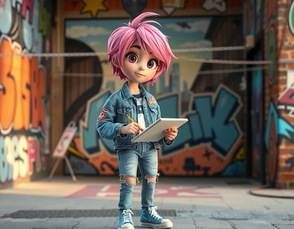 Generate an image of a teenage cartoon character with bright pink hair styled in a messy bob, wearing a denim jacket with embroidery patches, a pair of ripped jeans, and sneakers, standing in front of a street art mural with a cityscape background and graffiti walls, holding a sketchbook and pencil.