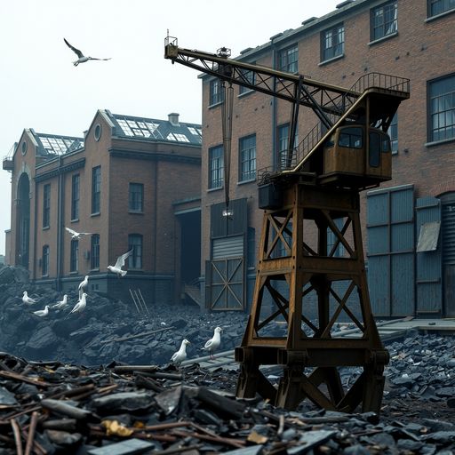 Imageine AI app: Imagine a massive, abandoned factory on the edge of a desolate, rocky coastline, with crumbling brick walls and rusted metal gates. The roofs are torn off, revealing the dark, damp interior, and the windows are replaced with thick steel shutters. In the foreground, a massive, rickety crane stands like a fossil, its hydraulics rusted and still, despite the presence of a few scattered seagulls swooping and diving in the wind.