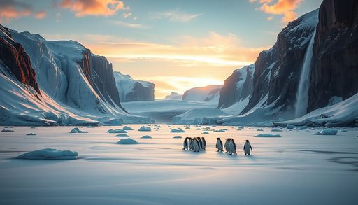 Imageine AI app: Generate an image of a serene glacier-covered valley surrounded by towering ice cliffs, with a frozen waterfall cascading down one side of the valley and a group of penguins waddling on the ice towards a snowy horizon at sunset.