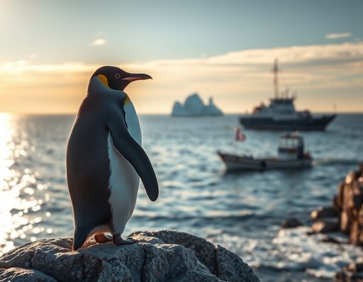 Imageine AI app: Generate an image of a penguin standing on a rocky cliff, looking out at a sunny sea with a fishing boat in the distance, with a faintly visible iceberg in the background.