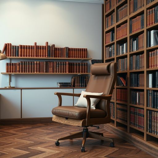 Imageine AI app: A minimalist, ergonomic office chair in a classic brown and beige color scheme, with a sturdy wooden frame, and soft cushions, placed in a cozy modern study with a floor-to-ceiling bookshelf filled with leather bound Classics, and a single desk lamp providing soft ambient light.