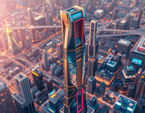 Imageine AI app: A futuristic, neon-lit, metallic skyscraper stands in a sprawling cityscape, its sleek, angular design reflected in polished glass windows., isometric