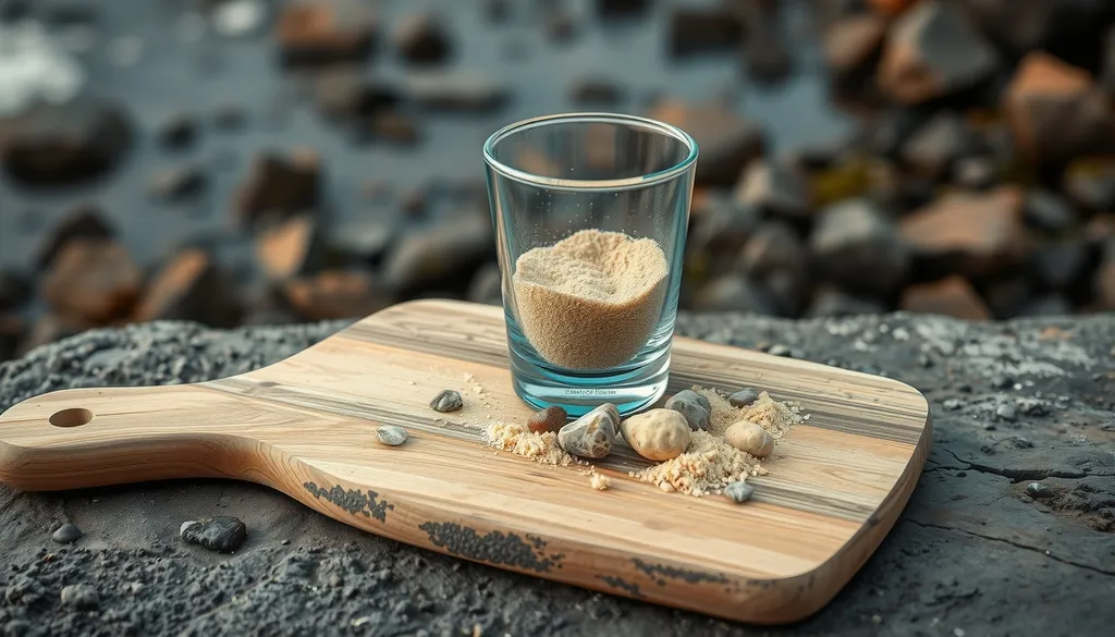 A serene still life of a glass of turquoise glass containing coarse, pale yellow sand and pebbles arranged on a weathered wooden cutting board that's been left out to dry by the edge of a rocky shoreline at low tide.