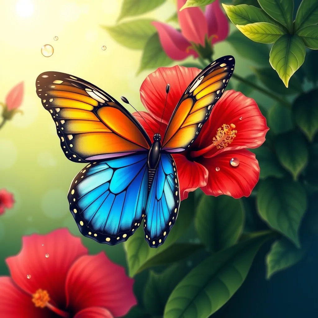 Create an illustration of a vibrant and colorful butterfly perched on a bright blooming flower. The butterfly should have intricate wing patterns with shades of blue, orange, and yellow, while the flower should be a lush red hibiscus. Surround the butterfly and flower with a soft gradient background of green foliage to give a sense of a serene garden environment. Add subtle details like a few sparkling dew drops on the petals and a light breeze suggested by the gentle movement of the butterfly's wings., high detail