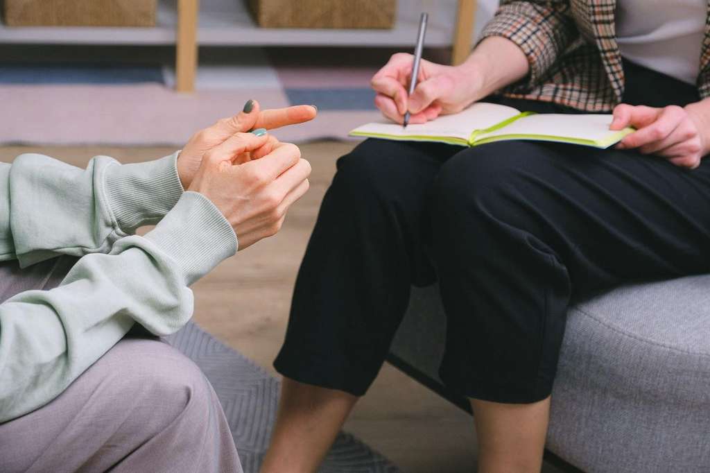 An occupational therapist and insurance representative sitting on a couch talking to each other.