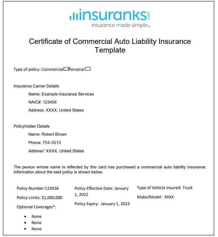 Certificate of commercial auto liability insurance template.