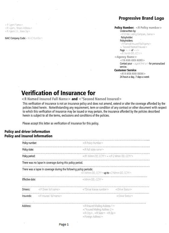 Progressive’s certification of Insurance page 1.