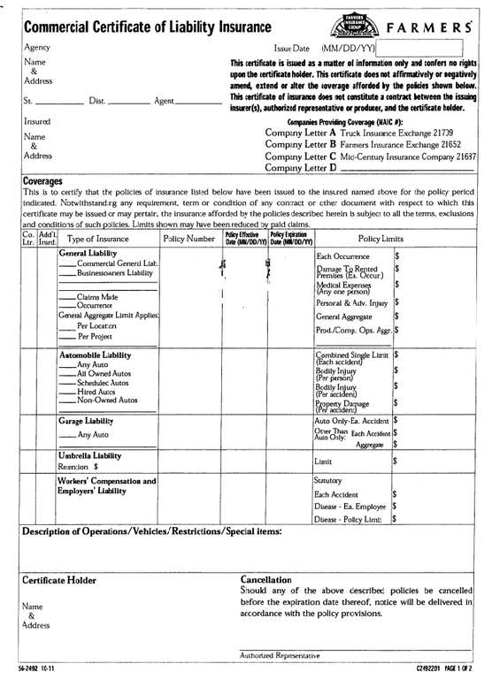 Farmers Certificate of Insurance form,