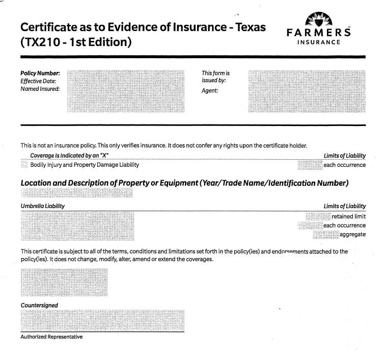 Farmers Certificate of Insurance form 2.