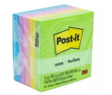 Notas Adhesivas 3M Post-it 654-5UC - 3 x 3 - 5 Blocks Colores Surtidos - 100 Hojas por Block - Papel Adhesivo Profesional