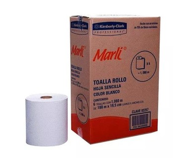 Papel Higi�nico Marli 92257 - Papel Blanco � Hoja Sencilla | Caja 6 Rollos de 180 m x 19.5 cm � Uso Ba�o � Compatible 92276 y 92731