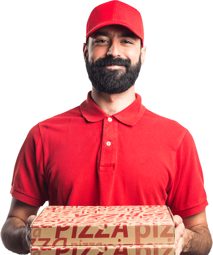 Mężczyzna w czerwonej koszulce trzymający pizzę.